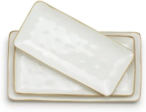 famiware Serving Platter, Rectangular 15.67/14.1/12.6inch Serving Dishes for Entertaining, Microwave Dishwasher Safe, Stoneware Serving Trays for Party, Turkey, Cheese, Ocean Series, Vanilla White