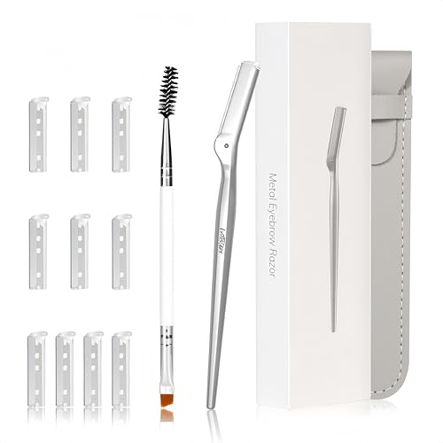 Stainless Steel Eyebrow Razor - Face Razors with Travel Cover & 10 Refill Blades, Eyebrow Brush - Help Exfoliate and Smooth Skin for Eyebrow, Leg, BIKINI, Facial, Beard Remove - L