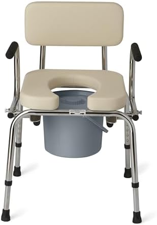 Medline Drop Arm Commode with Padded Seat and Backrest, Durable Toilet Chair for Adults and Seniors, Removable Pail, Splash Guard, Drop Down Arms for Easy Transfer, 350 lb. Weight Capacity, Tan