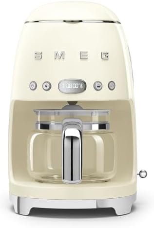Smeg 50's Retro Style Aesthetic Drip Coffee Machine with 10 Cup Glass Carafe, Auto Start Feature, Keep Warm Plate, and Two Coffee Strength Settings (Cream)
