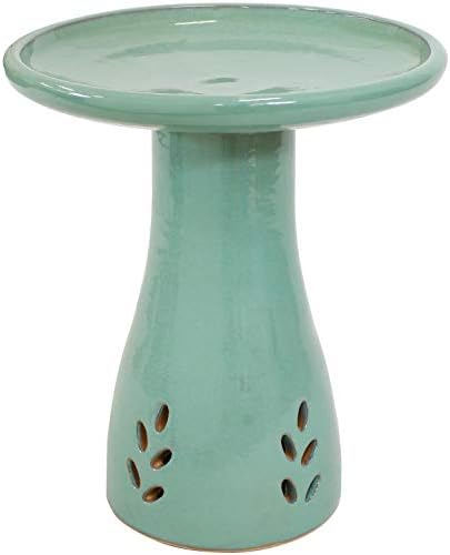 Sunnydaze 21" H Ceramic Bird Bath for Outside - Hand-Painted Outdoor Bird Bath Bowl, UV/Frost-Resistant Finish - Seafoam - Cut Out Pedestal