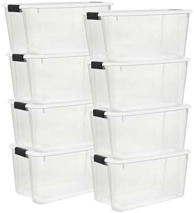 Sterilite 8 Pack Ultra Latching Box, Storage Bins with Lids, Clear Plastic, 70 Quart - Heavy-Duty Organizing Containers for Closet, Bathroom, and Office