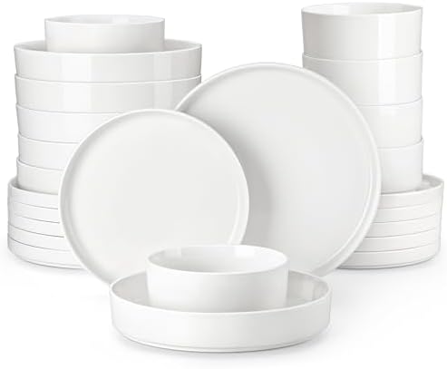MALACASA 24 Pieces Porcelain Dinnerware Set, Modern White Dish Set for 6, Premium Serving Plates and Bowls Sets, Chip and Scratch Resistant Dishware Sets Kitchen Dishes Dining Ware Set, Series LEAH