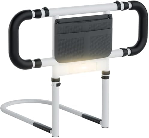 Bed Rails for Elderly Adults Safety: Elderly Assistance Products with Adjustable Double Grips, Storage Pocket, Motion Sensor Light, Items for Elderly Bed Rail, Can Withstand 300lb(White)