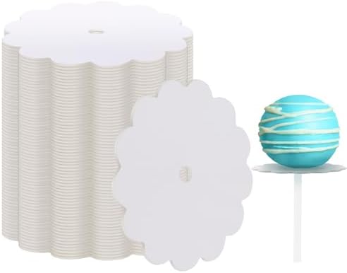 100 Pcs Cake Pop Boards 2 Inch Mini Scalloped Round Sugar Candy Cake Pop Molds Craft Accessories DIY Decorating(White)