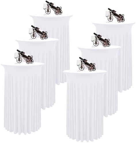 6 Packs Round Cocktail Table Skirt 32"x 43" Spandex Stretch Cocktail Tablecloth with Wavy Drapes, White Spandex Fitted High Top Table Covers for Wedding Bar Party Birthday Banquet Tables
