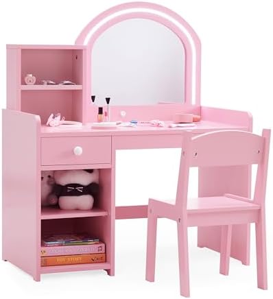 Kids Princess Vanity Set with Drawer, Storage Shelves & Lighted Mirror, 2 in 1 Toddler Makeup Vanity with Stool for Little Girls (Pink)