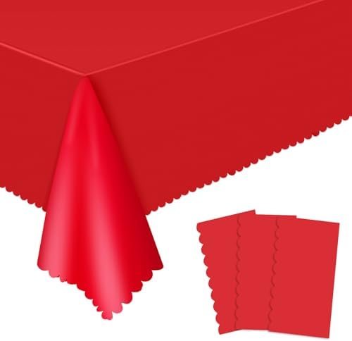 3 Pack Plastic Red Tablecloths, 54 x 108 inch Disposable Red Table Cloths for Rectangle Tables Waterproof Table Covers for Christmas Wedding Anniversary Party