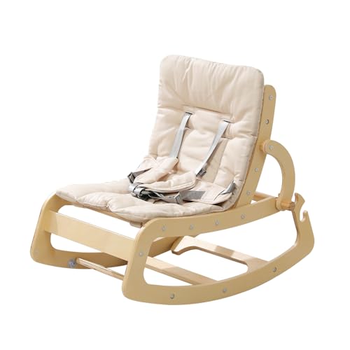3-in-1 Baby Bouncer Adjustable Wooden Rocker Chair, Ergonomic Design Baby Lounger with Removable Cushion,Seat Belt and Booster, Recliner for Infants to Toddler (Beige)