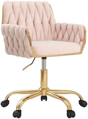 Velvet Home Office Chair, Modern Height Adjustable Cute Vanity Chair, 360° Swivel Makeup Chair with Golden Base and Hand Woven Backrest for for Bedroom/Study/Vanity(Light Pink)