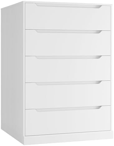HOSTACK Modern 5 Drawer Dresser for Bedroom, Tall Chest of Drawers with Storage, Large Wood Cloth Storage Organizer with Cut-Out Handle, Accent Storage Cabinet for Living Room, Hallway, Classic White