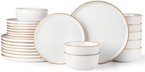 GBHOME Ceramic Dinnerware Sets for 8, 24 Pieces Stoneware Plates and Bowls Sets, Scratch Resistant Dishes, Dishwasher & Microwave Safe, Reactive Glaze-Pearl White