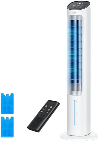 Dreo Portable Air Conditioners Fan, 40” Standing Fans that Blow Cold Air, Portable AC，80° Oscillating Evaporative Air Cooler，Removable Water Tank, Ice Packs, Remote Control, 4 Speeds, 7H Timer, White