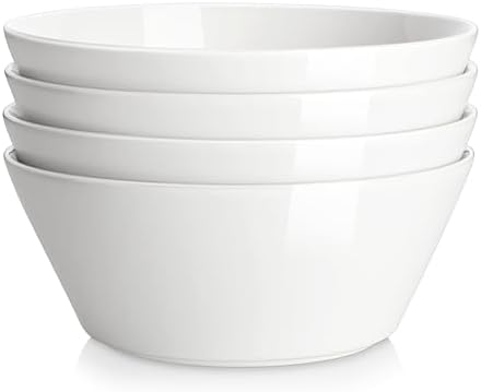 MALACASA Large Salad & Soup Bowls - Set of 4, 60 OZ Porcelain White Bowls for Ramen, Pasta, Pho - Microwave & Dishwasher Safe