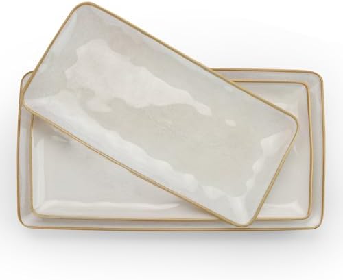 famiware Serving Platter, Rectangular 15.67/14.1/12.6 inch Serving Dishes for Entertaining, Microwave Dishwasher Safe, Stonware Serving Trays for Party, Turkey, Cheese, Ocean Series, Cappuccino White