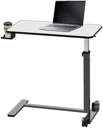 Adjustable Overbed Table with Invisible and Lockable Wheels ，Bedside Table with Cup Holder，Standing Desk for Medical or Home use Silver-Grey Color（30.3" W x 15.3" D）