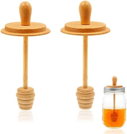 2pcs Wooden Mason Jar Honey Dippers - Honey Dipper Wooden Stick for Regular Mouth Mason Jars, Honey Spoon Mason Jar Honeycomb Lid for Regular Mouth 16 oz Mason, Ball Jars (ONLY Honey Dippers)