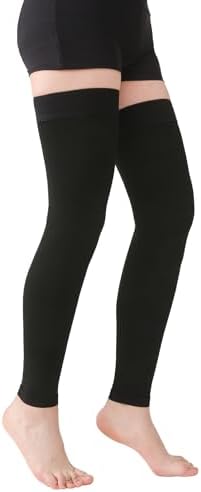 MGANG 15-20 mmHg Compression Stockings for Women & Men, Thigh High Medical Footless Graduated Compression Sleeves with Silicone Dot Band, for Varicose Veins, Edema, Travel, Flight, Pregnant, Black L