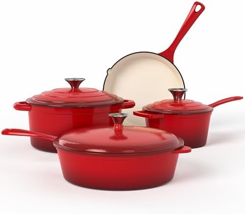 Kitchen Academy Enameled Cast Iron Cookware Sets - 7Pcs Pots and Pans Set Non Stick, Induction Dutch Oven Set, PFOA&PFAS Free