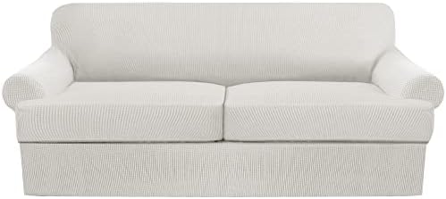 3 Pieces Sofa Covers Stretch Couch Cover for T Cushion Sofa Slipcovers Soft Furniture Covers with 2 Individual T Cushion Shape Seat Covers (White, Loveseat)