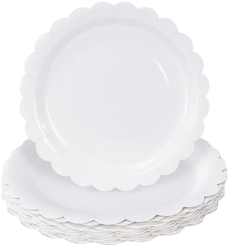HEIPINIUYE 50 Pieces White Scalloped Paper Plates 7 Inch White Scalloped Disposable Dessert Plates for Wedding Baby Shower Christmas Birthday Party Dinner Plates