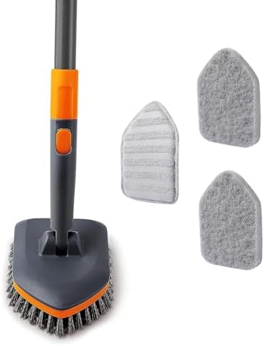 Tile Tub Scrubber Brush with 3 Different Function Cleaning Heads and 56" Extendable Long Handle-No Scratch Shower Scrubber for Cleaning Bathroom Kitchen Toilet Wall,Bathtub,Sink,Grey