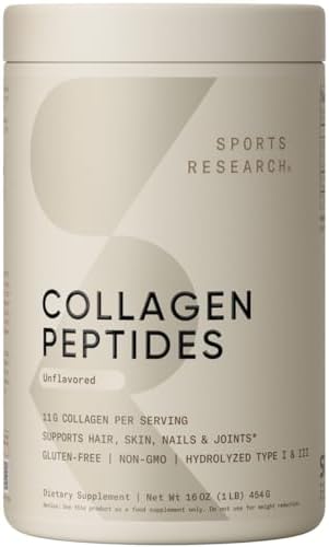 Sports Research Collagen Peptides for Women & Men, Unflavored, 16 oz., Hydrolyzed Type 1 & 3 Collagen Powder Protein Supplement for Healthy Skin, Nails, Bones & Joints