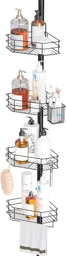 SEIRIONE Corner Shower Caddy Tension Pole, Quick Setup, Rust-Free Bathroom Shower Organizer Corner for Bathtub Shampoo Storage, 4-Tier Adjustable Shelf, Drill Free, Fits 39 to 113 Inch Height, Black