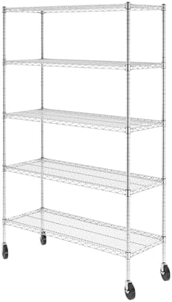SafeRacks - NSF Certified Storage Shelves, Zinc, Heavy Duty Steel Wire Unit with Wheels and Adjustable Feet, Garage or Bakers Rack, Kitchen, Pantry Shelf - (18"x48"x72" 5-Tier) (Silver)