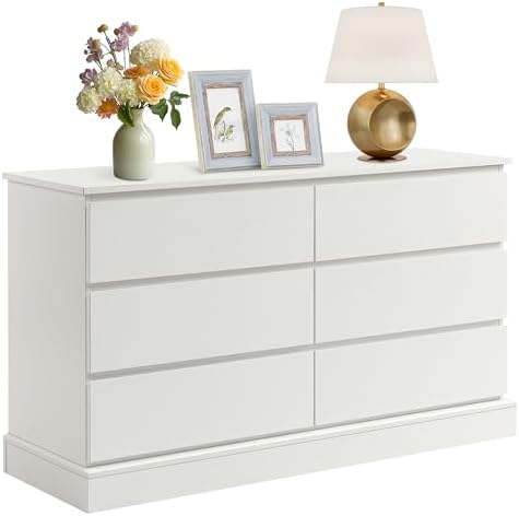White Bedroom Dresser Modern 6 Drawers Dressers Wood Organizer Wide Dresser & Chest of Drawers Storage for Living Room, Entryway, Hallway