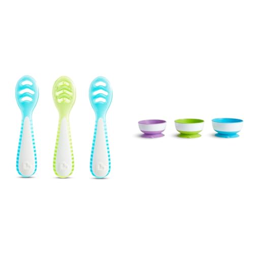 Munchkin® Gentle Dip™ Multistage First Spoon Set for Baby Led Weaning, Self Feeding, Solids & Purees, 3 Pack, Blue/Green & Stay Put™ Suction Bowls for Babies and Toddlers, 3 Pack, Blue/Green/Purple