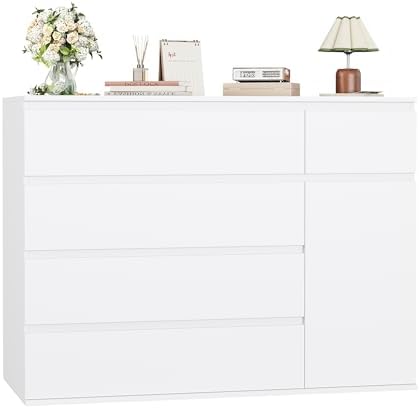 FOTOSOK White Dresser with 19.5'' Deeper Depth, Modern Dresser White Chest of Drawers with Door for TV Stand, Deep Drawers and Wide Storage Space