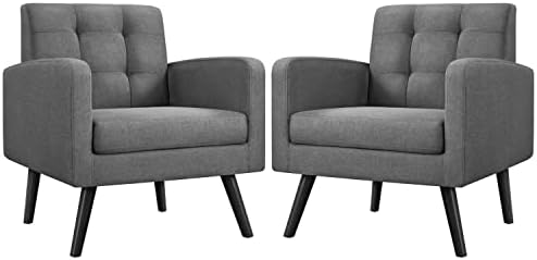 Yaheetech Mid-Century Accent Chairs, Modern Upholstered Living Room Chair, Cozy Armchair Button Tufted Back and Wood Legs for Bedroom/Office/Cafe, Set of 2, Gray