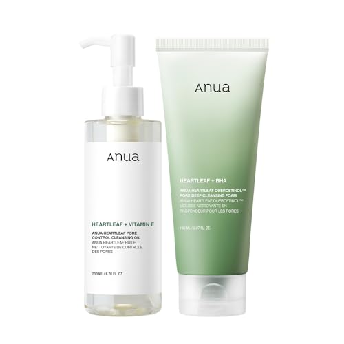 Anua Double Cleanser Duo for Facial Cleansing : Heartleaf Pore Control Cleansing Oil & Heartleaf Quercetinol Pore Deep Cleansing Foam for Double Cleansing, Blackhead Remover, Korean Skincare