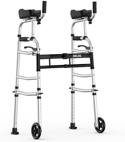 Delog Folding Walker for Senior - Platform Walker with 5’’ Wheels and Removable Padded Armrests 350lbs, Lightweight Walking Mobility Aid, Standard Walker for Elderly (Black)