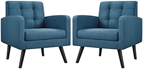 Yaheetech Mid-Century Accent Chairs, Modern Upholstered Living Room Chair, Cozy Armchair Button Tufted Back and Wood Legs for Bedroom/Office/Cafe, Set of 2, Navy Blue
