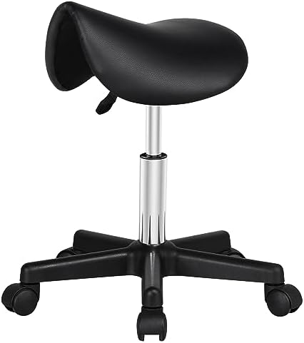 Yaheetech Saddle Stool Rolling Saddle Chair with Wheels Swivel Adjustable Stools for Hair Stylist/Lash Tech PU Leather Tattoo Massage Chair, Black