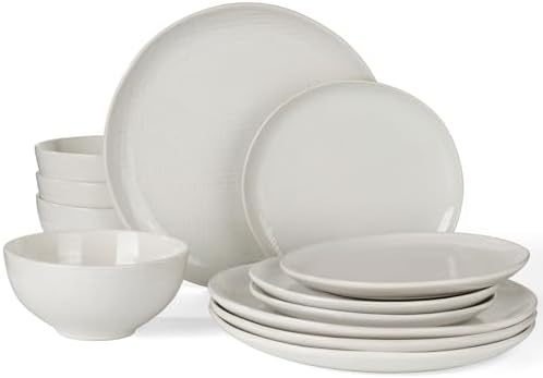 Famiware Moonlight Plates and Bowls Sets, 12 Pieces Stoneware Dinnerware Sets with Linen Finish, Handmade Dishware Set for 4, Microwave and Dishwasher Safe, Chip and Scratch Resistant, White