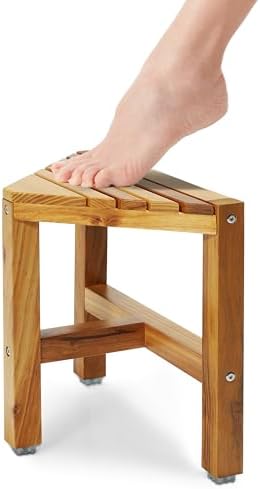 Teak Shower Stool, Teak Shower Bench, 12'' Shower Foot Rest for Shaving Legs, Waterproof Corner Shower Bench, Organizer Stool, Corner Seat for Bathroom Livingroom