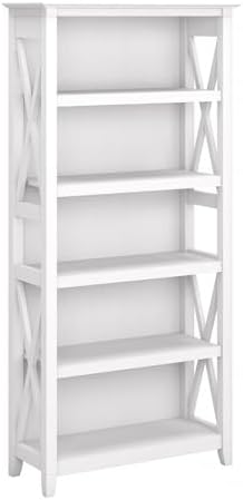 Bush Furniture Tall 5 Shelf Bookcase for Living Room or Home Office, Large Bookshelf, Modern Farmhouse Style, Key West Collection, Pure White Oak