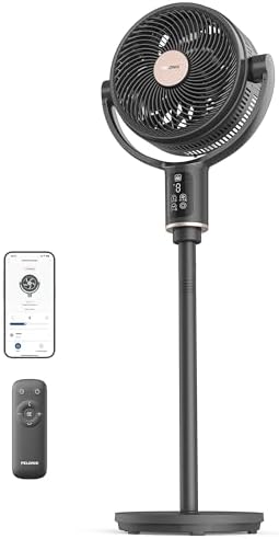 PELONIS Smart Pedestal Fan for Bedroom, Standing Fan, Dual Layed Blades (9+7 Blades), DC Motor, App/Alexa/Google, 150Â° + 135Â° Auto OminiFlow, 20dB, 9 Speeds, 26 ft/s, Remote, 9H Timer, Air Circulator