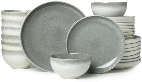 24 Piece Dinnerware Sets for 8, Modern Stoneware Plates and Bowls Sets, Perfect for Family Gatherings & Holiday Celebrations, Easy Cleaning Dishes, Stack Compactly Plate Set, Gradient Green