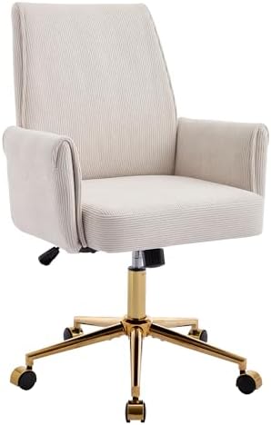 Striped Velvet Office Chair, 360° Swivel Ergonomic Task Chair with High Back, Gold Base and Wheels, Height Adjustable Modern Accent Chair for Home Office, Living Room, Study, Vanity Room (Cream)