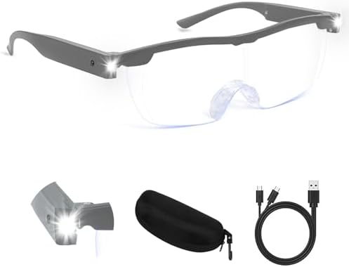 Magnifying Glasses with Light, 200% Magnification, USB Rechargeable LED Lighted Magnifying Glass, Anti Blue Light, Hands Free Head Magnifier Eyeglasses for Close Work, Hobbies, Reading, Craft（Grey）
