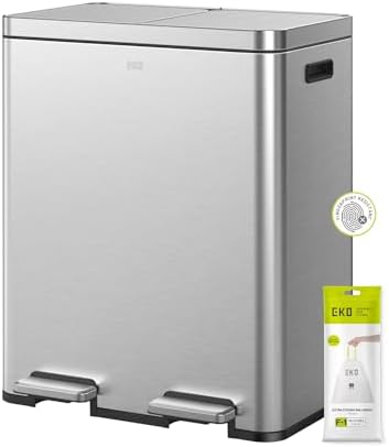 EKO Edison Dual Trash Can for Recycling and Trash, 8+8 Gallons Kitchen Garbage Can with Dual Removable Inner Liners, Independent Lids and Pedals, Matte Stainless Steel