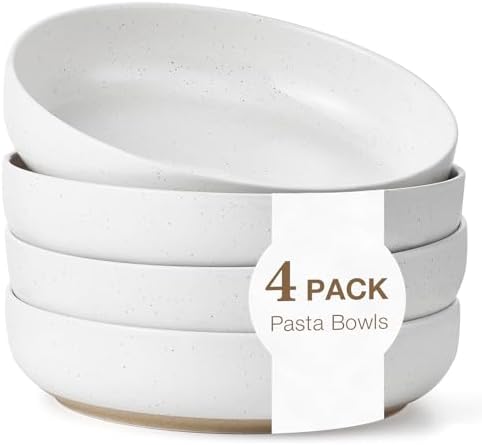 8.3" Pasta Bowls Set of 4, 34 oz Ceramic Salad Bowls, White Serving Plate, Wide and Shallow Bowl for for Fruits, Noodle, Dinner, Housewarming Wedding Christmas Dishwasher and Microwave Safe
