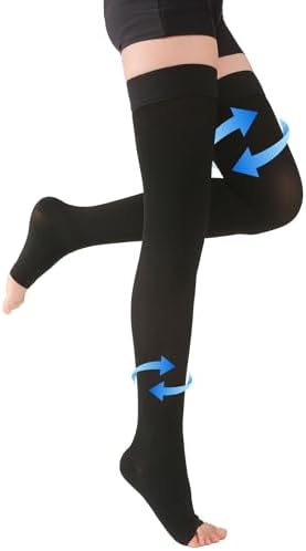 Thigh High Compression Stockings Toeless - Unisex, Opaque, KEKING 20-30mmHg Graduated Compression Leg Support Hose with Anti-Slip Silicone Band - Swelling, Varicose Veins, Edema, Travel Black XX-Large