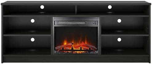 Ameriwood Home Hendrix Fireplace TV Stand for TVs up to 65 Inch, Replaceable Electric Fireplace Insert Heater, Realistic Log and Flame Effect, for Living Room or Bedroom, Black Oak
