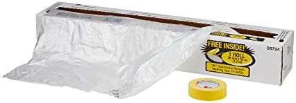 3M Plastic Sheeting With 388N Yellow Masking Tape (36 mm), 06724, Tear Resistant, Easy To Cut, Durable, 16 ft x 400 ft