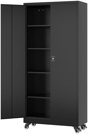Metal Rolling Storage Cabinet-74.6” Tall Steel File Cabinets with Wheels Lockable Doors and Adjustable Shelves-Black Steel Storage Cabinet for Home, School, Office, Garage